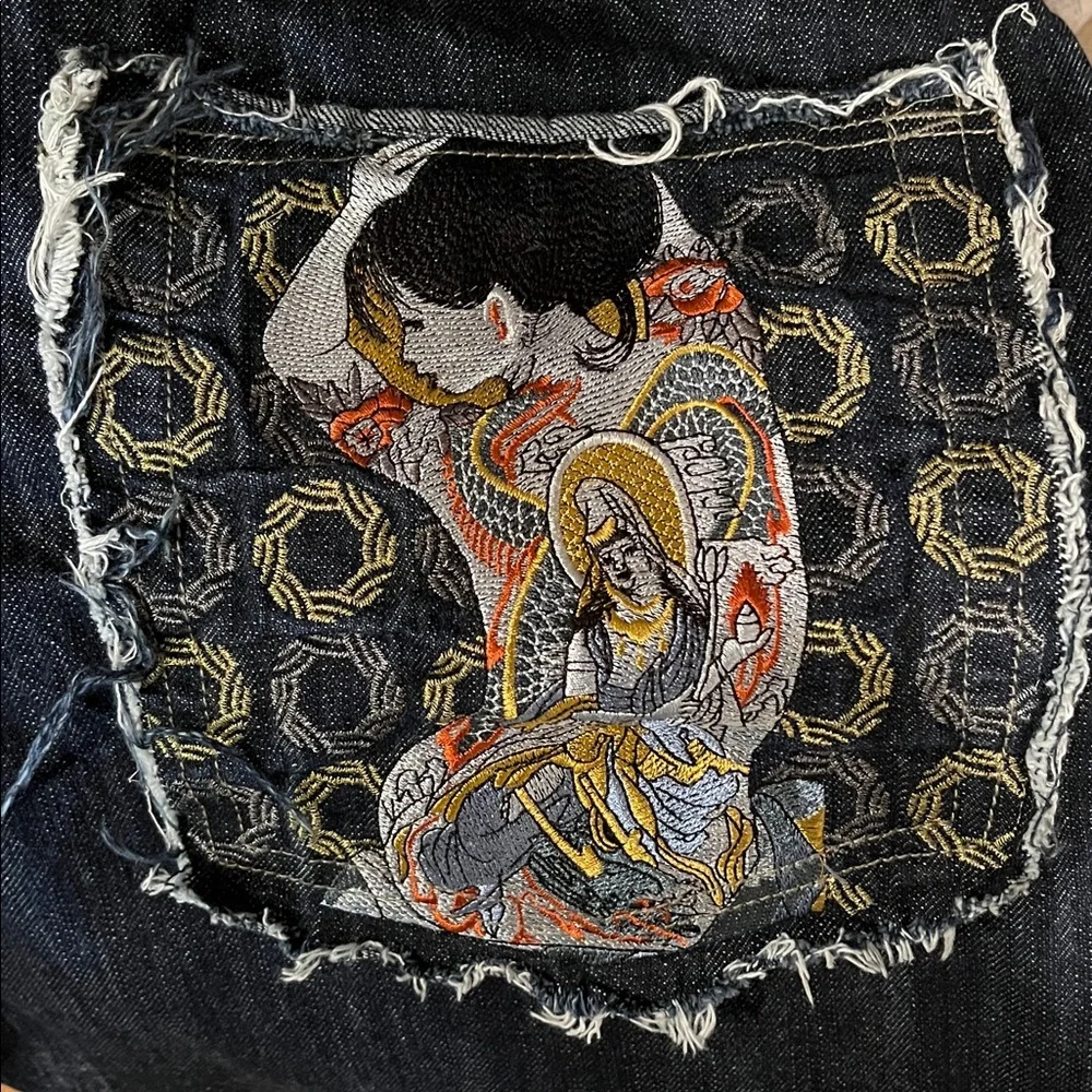Kanji Premium Vintage Men’s Embroidered Dark Wash Jeans Men’s Y2K Size 36x32